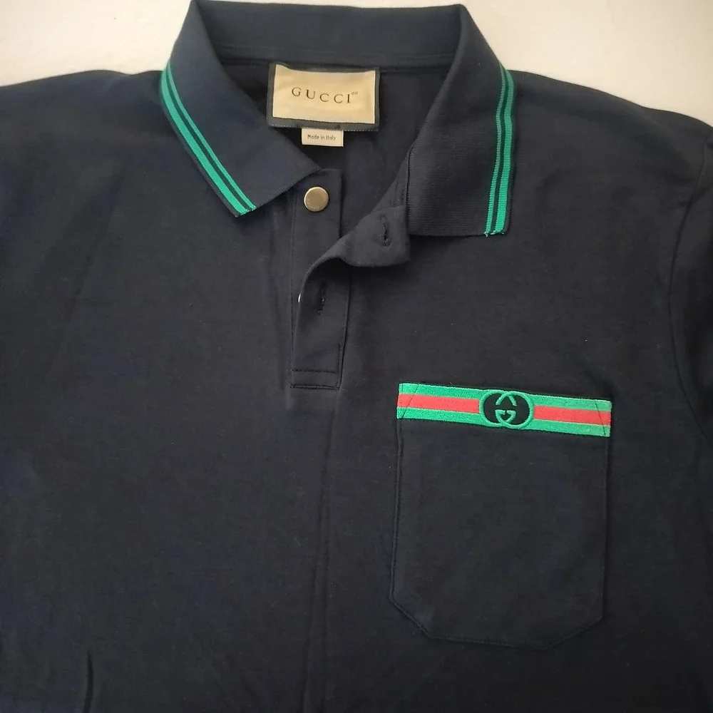 Gucci Mens Navy Blue Cotton Web Stripe Pocket Polo Shirt Large Interlocking G